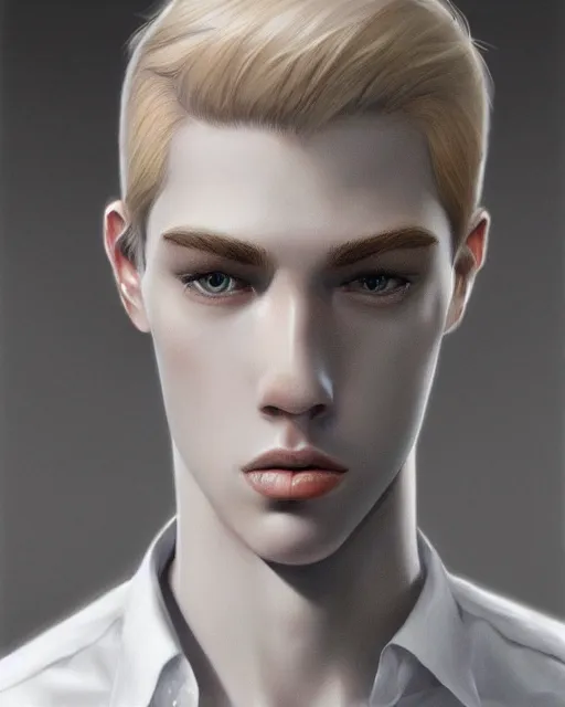 Image similar to portrait of 1 5 - year - old boy, a tall, slender boy with a pale, pointed face, sleek blond hair, and ice grey eyes, wearing in shirt, hyper realistic face, beautiful eyes, character art, art by mark brooks, hyperdetailed, cryengine, trending on artstation, digital art