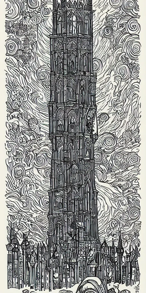 Image similar to mcbess illustration of a gothic tower, rainbow gouache