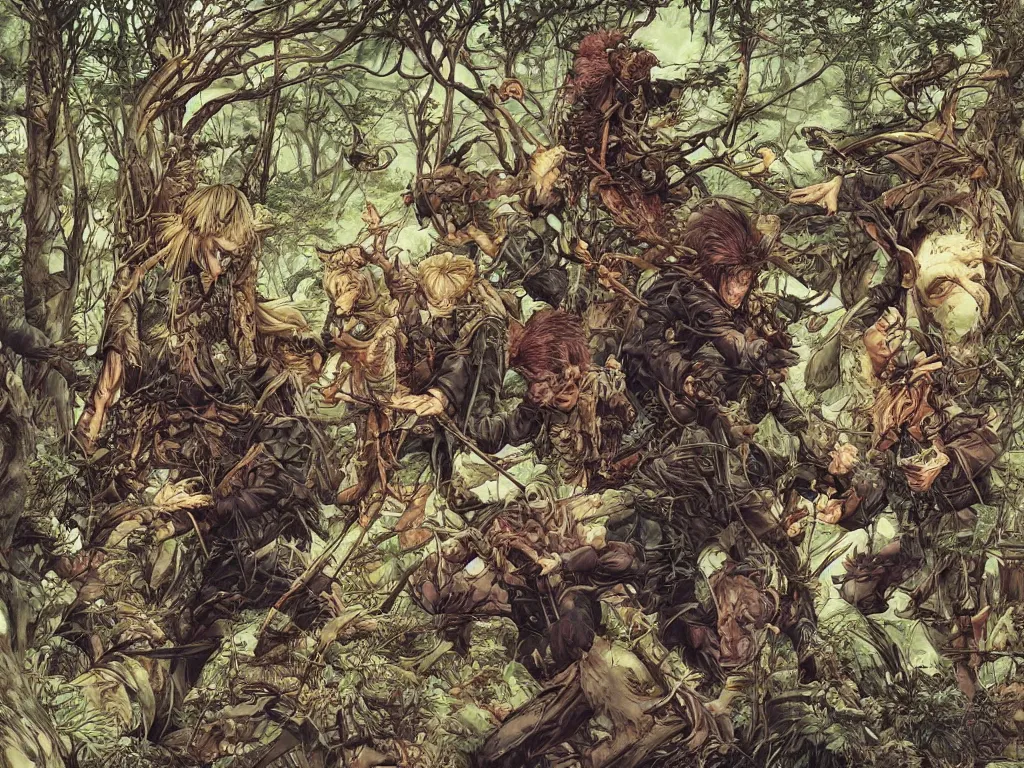 Prompt: gamekeepers hunt on crazy splinter in mystical forest. full body, by yoichi hatakenaka, masamune shirow, josan gonzales and dan mumford, ayami kojima, takato yamamoto, barclay shaw, karol bak, yukito kishiro