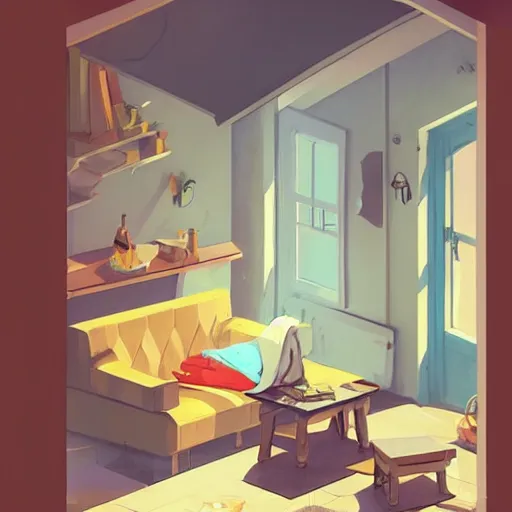 Prompt: an isometric interior design of a beautiful cosy house by the beach in the style of artgerm, charlie bowater, atey ghailan and mike mignola, vibrant colors and hard shadows and strong rim light, plain background, comic cover art, trending on artstation