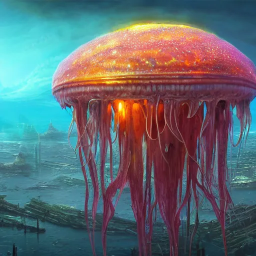 Image similar to photorealistic beautiful alien jellyfish palace world in the style of greg rutkowski and michael whelan. hyperdetailed photorealism, 1 0 8 megapixels, imposing, amazing depth, glowing rich colors, powerful imagery, psychedelic overtones, 3 d finalrender, 3 d shading, cinematic lighting, artstation concept art