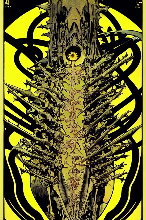 Image similar to black and yellow flat color risoprint, alphonse mucha, richard corben, wayne barlowe, moebius, heavy metal comic cover art, psychedelic triangular skeletal calcification fungus lich in darkiron spike armor, full body, hollow eyes, symmetrical face, long black crown, in a dungeon background, moody dark colors