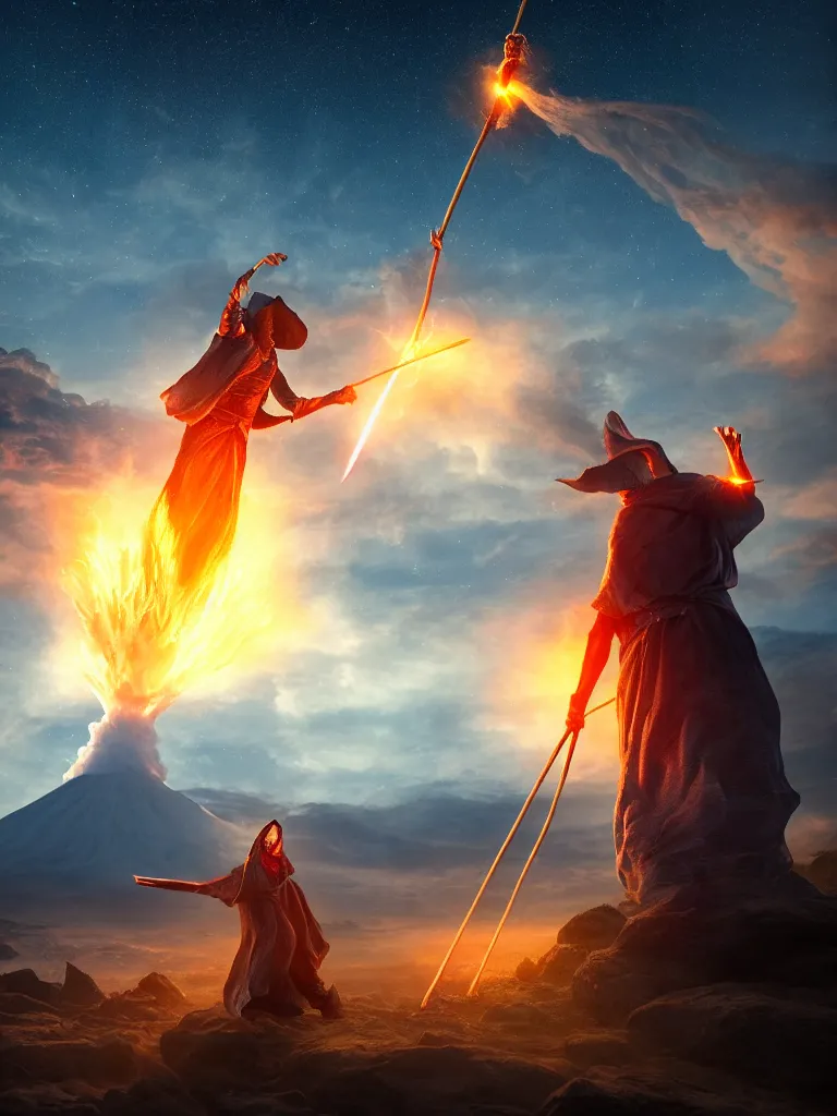 Image similar to levitating wizard wielding a spear, opening a shining portal, night sky, horizon of an erupting volcano, 4 k, ultra realistic, detailed, epic lighting, high detail, masterpiece, trending on artstation