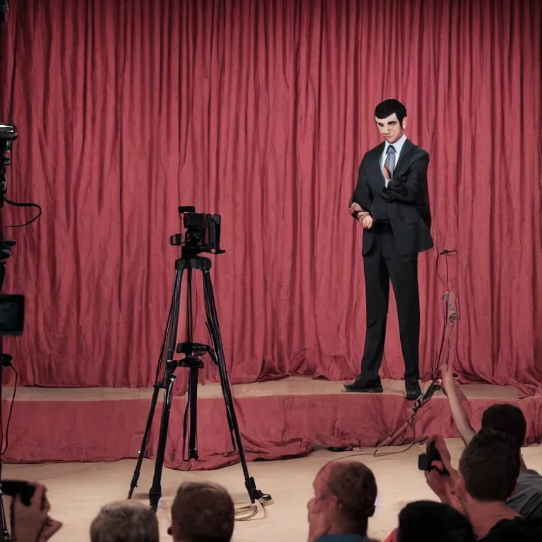 Prompt: focused dslr photograph of hundreds of nathan fielder from nathan for you on comedy central controlling a puppet version of himself filmed by a tv crew on a stage with a red curtain, meta, fractal, trippy, high detail!!! 8 k, photorealism, sharp focus, volumetric lighting, coherent!!! art directed, rule of thirds, face