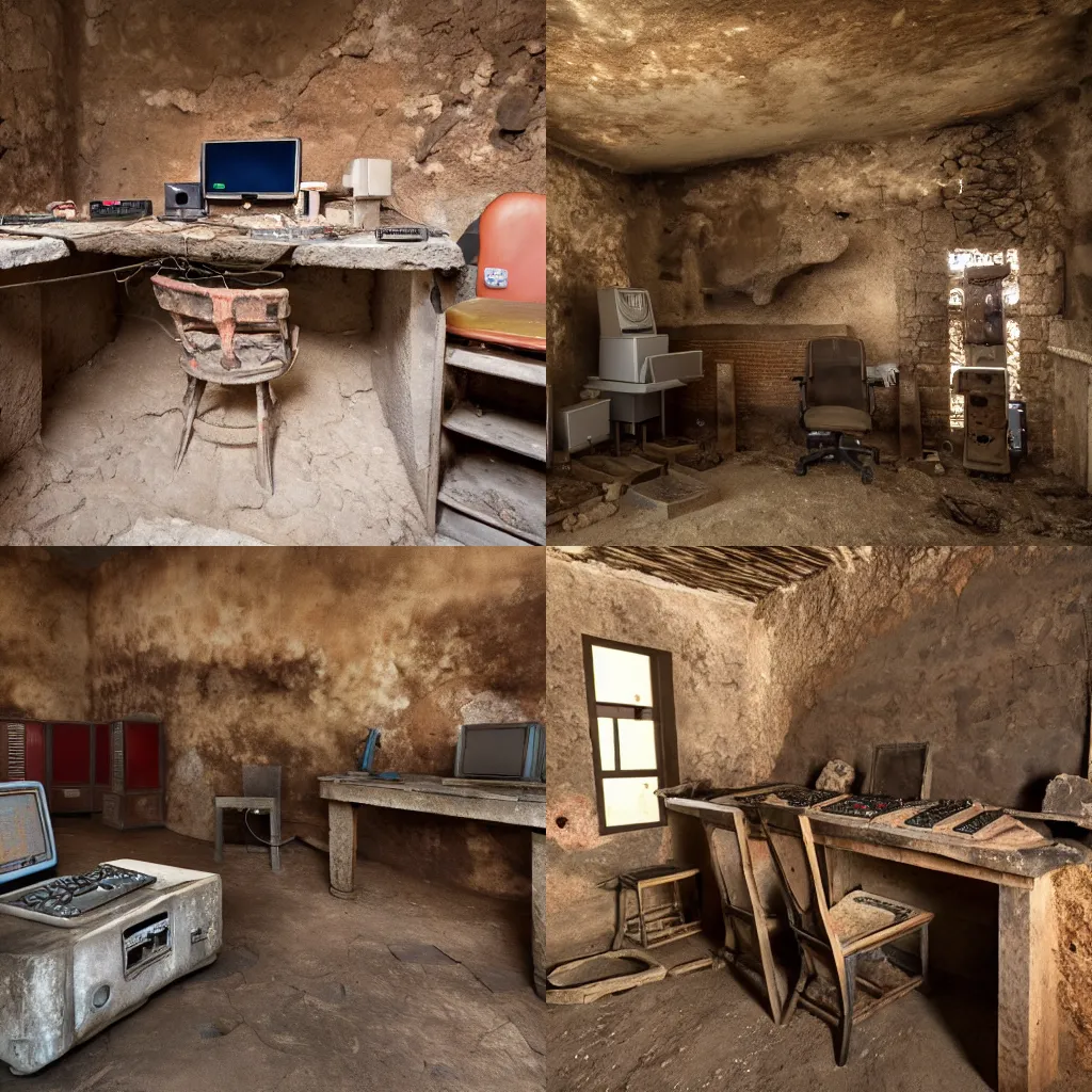 Prompt: archaeological dig in pompeii reveals an ancient gamer room with ancient computer and ancient gamer chair, 4K photo, highly detailed