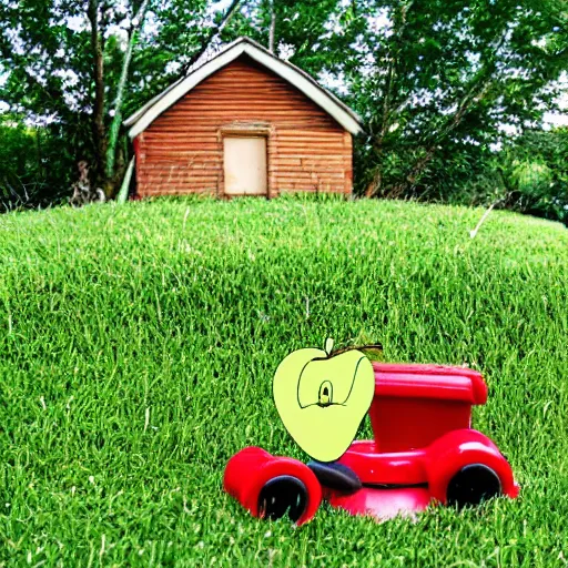 Image similar to a mouse using a tiny lawnmower. The mouse mows the lawn Infront of it's apple house. The house is carved into an apple.