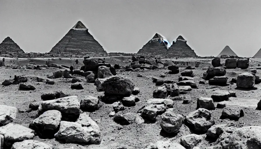 Prompt: aliens lift up big rocks in the foreground. the pyramids are halfway built in the background. archive photo