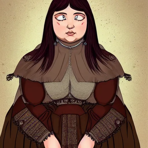 Image similar to siblings, 2 5 years old women : : dark straight hair : : slightly overweight : : brown medieval cloting, natural materials : : high detail, digital art, illustration, realistic