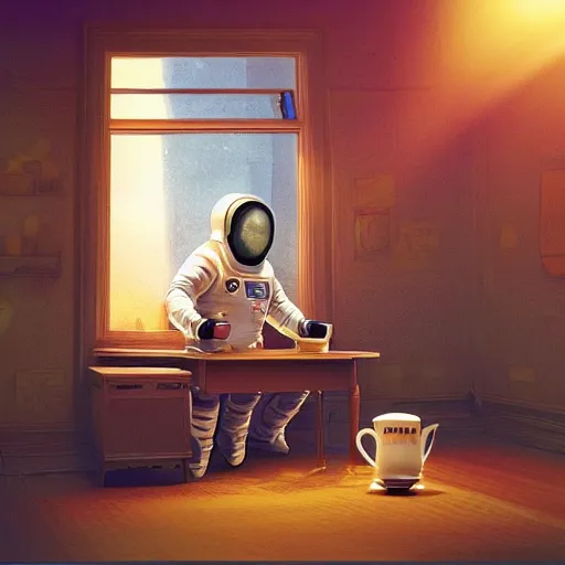 Prompt: a single cosmonaut in a spacesuit drinks a steaming cup of tea at an old wooden desk in a richly decorated house. the autumn light comes in through a window and dimly illuminates the room, diffuse light :: by beeple and James Gilleard and Justin Gerard ::