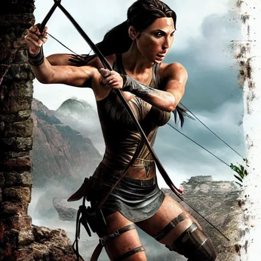 Prompt: Gal Gadot as Tomb Raider aiming a bow. Girl power. Movie poster art.
