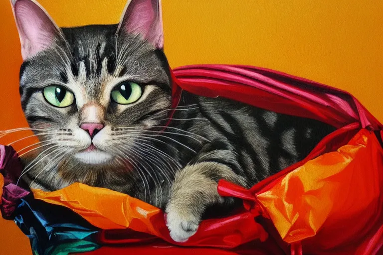 Prompt: a cat in a plastic bag. Cinematic. Intricately detailed acrylic painting