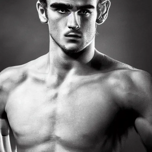 Image similar to a realistic detailed photo of a guy who is an attractive humanoid who is half robot and half humanoid, who is a male android, soccer player antoine griezmann, shiny skin, posing like a statue, blank stare, in a living room, on display, showing off his muscles