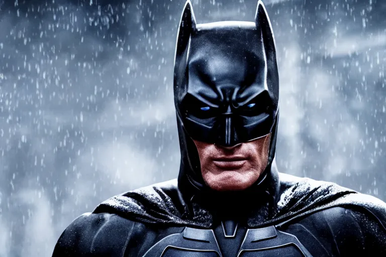 Image similar to film still of Dolph Lundgren as Batman in The Batman, 4k