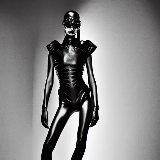 Image similar to fashion photography of an extraterrestrial model, holding a leather whip, wearing demobaza fashion, inside berghain, berlin fashion, harness, futuristic fashion, dark minimal outfit, photo 3 5 mm leica, hyperdetail, berghain, 8 k, very detailed, photo by nick knight