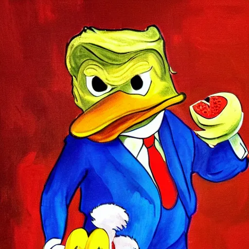 Prompt: a portrait of donald trump eating strawberries with donald duck, in the style of rembrandt