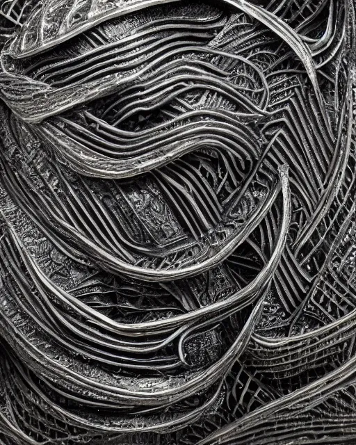 Image similar to studio shot of an intricate coal twisting statue, intricate mathematical shape, professional, textured silver, scratched metal, well lit professional photo, chromatic, HD photography, 4k