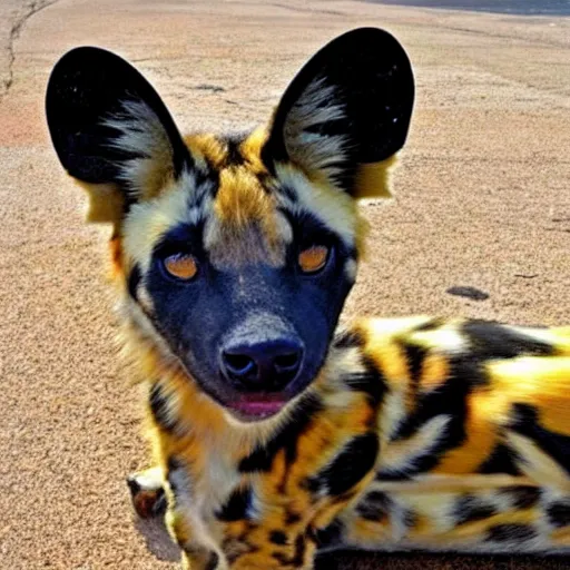 Prompt: Look at this african painted dog with his huge radar ears- positively fluffsome all around and no doubt prone to rambunctiousness