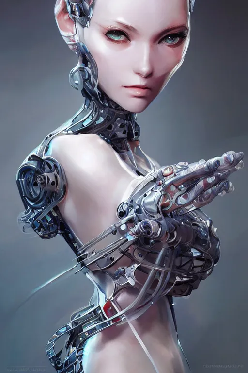 Prompt: femalecyborg head wrapped in silk, 3d, sci-fi fantasy, intricate, elegant, highly detailed, lifelike, photorealistic, digital painting, artstation, illustration, concept art, sharp focus, art in the style of Shigenori Soejima