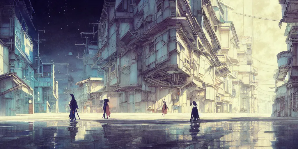 Image similar to baroque acrylic painting, anime key visual concept, anime white clean abandoned concrete cityscapes, rule of thirds golden ratio, fake detail, trending pixiv fanbox, style of makoto shinkai ghibli takashi takeuchi yoshiyuki sadamoto jamie wyeth james gilleard greg rutkowski chiho aoshima