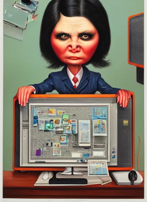 Prompt: A female office worker not understanding what the computer is doing. She's visibly confused. Todd Schorr, Mark Ryden, highly detailed