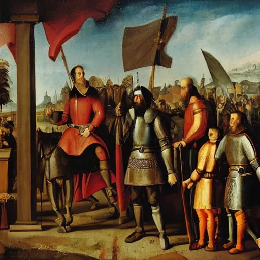 Image similar to a king and his knights standing over poor peasants, historical painting