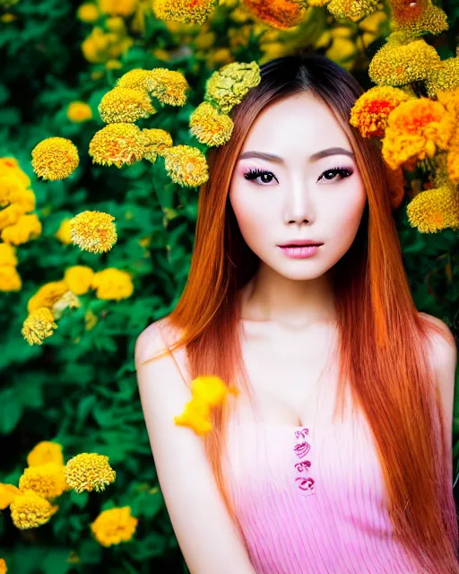 Image similar to an stunning beautiful chinese girl is surrounded by colourful flowers and plants, symmetric face and eyes, upper body face shot, long straight blonde hair, visible face 5 0 mm f 2. 2