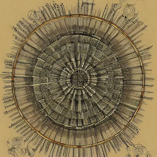 Image similar to technical diagram of chaos and order on paper, exceedingly intricate, davinci style, infographic, blueprint, illuminated, manuscript, hand drawn sketch