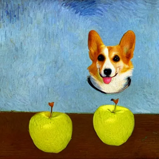 Prompt: corgi with an apple on its head, 4 k, by van gogh, realistic, high detail, concept art