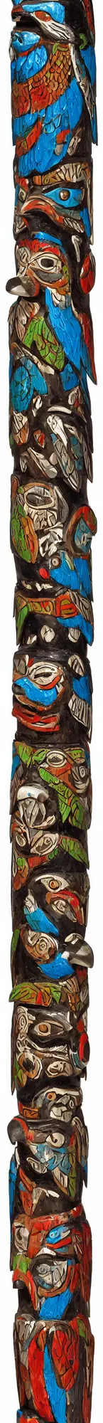 Prompt: elaborate painted carved totem pole with raven, bear, eagle, turtle, frog, moose, caribou