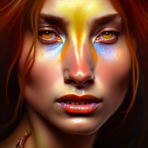 Image similar to beautiful digital painting of a cavewoman with high detail, real life skin, primal colors, 8 k, stunning detail, works by artgerm, greg rutkowski and alphonse mucha, unreal engine 5, 4 k uhd