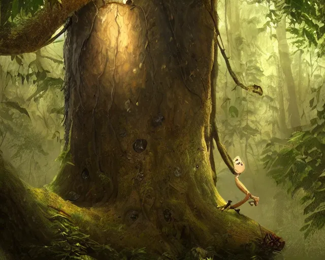 Prompt: a talking tree, a smiling face in the bark, bushy moustache, big eyes, nose, fantasy concept art, oil painting, hyperrealistic, highly detailed, artstation, cgsociety, in the forest