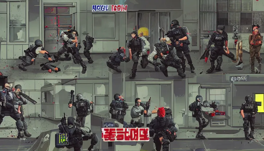 Prompt: 1994 Video Game Screenshot, Anime Neo-tokyo Cyborg bank robbers vs police, Set inside of the Bank Lobby, Multiplayer set-piece in bank lobby, Tactical Squad :9, Police officers under heavy fire, Police Calling for back up, Bullet Holes and Realistic Blood Splatter, :7 Gas Grenades, Riot Shields, Large Caliber Sniper Fire, Chaos, Anime Cyberpunk, Ghost in The shell Bullet VFX, Machine Gun Fire, Violent Gun Action, Shootout, :7 Inspired by Escape From Tarkov + Intruder + Akira + Guilty Gear Xrd :7 by Katsuhiro Otomo: 15