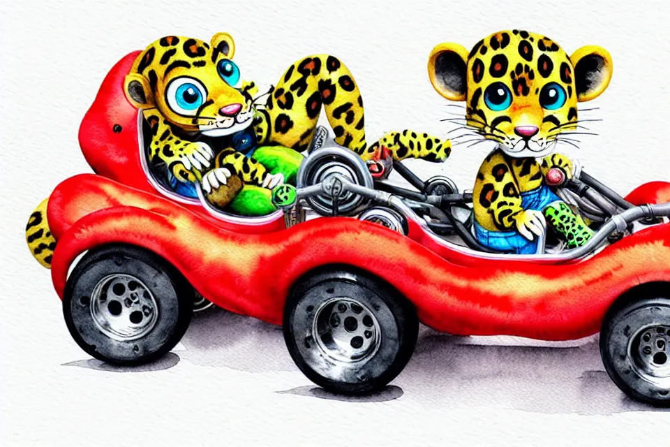 Image similar to cute and funny, baby leopard riding in a tiny go kart with oversized engine, ratfink style by ed roth, centered award winning watercolor pen illustration, isometric illustration by chihiro iwasaki, edited by range murata, tiny details by artgerm and watercolor girl, symmetrically isometrically centered