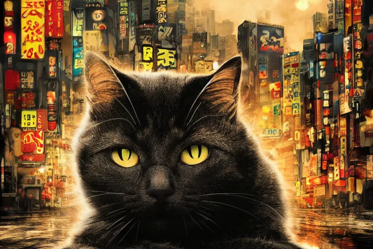 Image similar to cat attacking Tokyo, disaster movie poster, masterpiece, masterwork, cgstudio