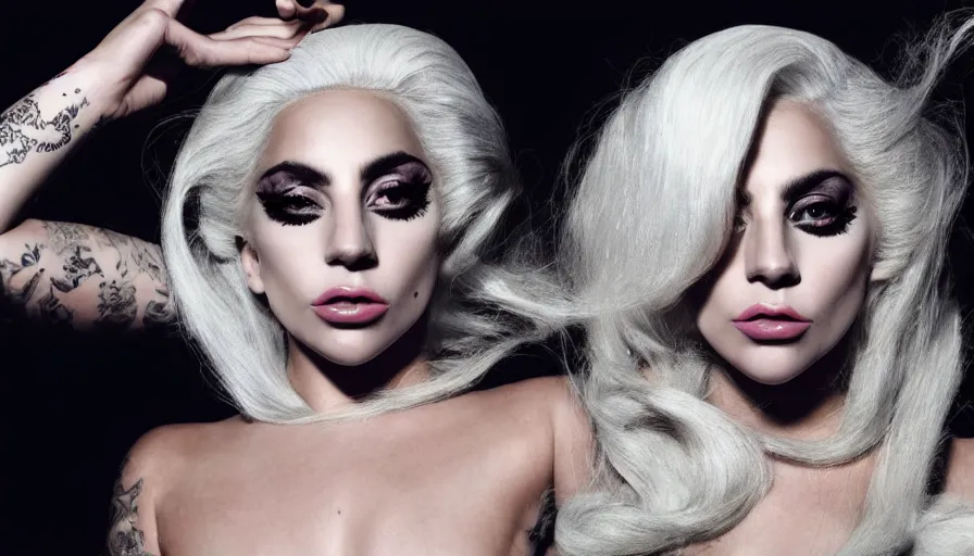 Image similar to lady gaga with long white hair , an album cover by Hedi Xandt, featured on vogue, steven klein, holography, smokey background, matte background, High resolution. Highly detailed. Dramatic. 8k.4k.