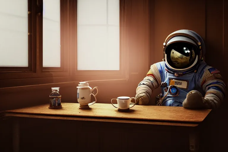 Image similar to a single cosmonaut in a spacesuit drinks a steaming cup of tea at an old wooden desk in a richly decorated Victorian house. the autumn light comes in through a window and dimly illuminates the room, diffuse light, octane render