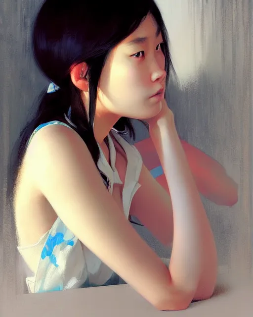 Image similar to stylized portrait of an artistic pose, composition, young asian girl, realistic shaded, fine details, realistic shaded lighting poster by ilya kuvshinov, magali villeneuve, artgerm, jeremy lipkin and michael garmash and rob rey