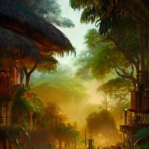 Prompt: the village in a bright jungle, dramatic lighting, oil painting, pale colors, high detail, 8 k, wide angle, trending on artstation,