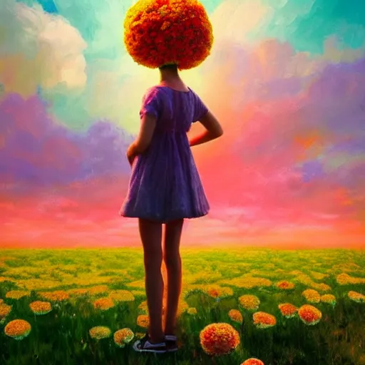 Prompt: head made of carnations flower, girl standing in a flower field, surreal photography, sunrise dramatic light, impressionist painting, colorful clouds, large sky, digital painting, artstation, simon stalenhag, flower face