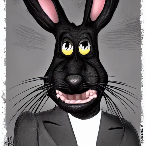 Image similar to A extremely highly detailed majestic hi-res beautiful, highly detailed head and shoulders portrait of a scary terrifying, horrifying, creepy black cartoon rabbit with scary big eyes, earing a shirt laughing, hey buddy ole pal, let's be friends, in the style of Walt Disney