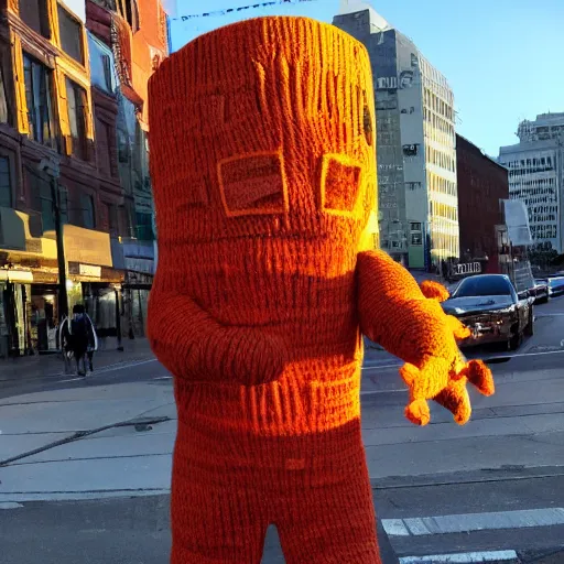 Prompt: a large monster made out of yarn is attacking the center of the city at magic hour,