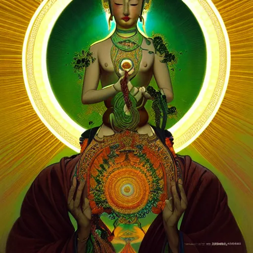 Image similar to intense portrait of the green tara bodhisattva meditating, intricate, elegant, highly detailed, my rendition, digital painting, artstation, concept art, smooth, sharp focus, illustration, art by artgerm and greg rutkowski and alphonse mucha