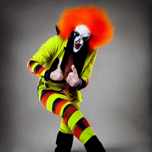 Prompt: insane rockstar clown with crazy orange hair, bloodshot eyes, green pants and weird yellow striped shirt. 8 k resolution, photograph, trending on art station.