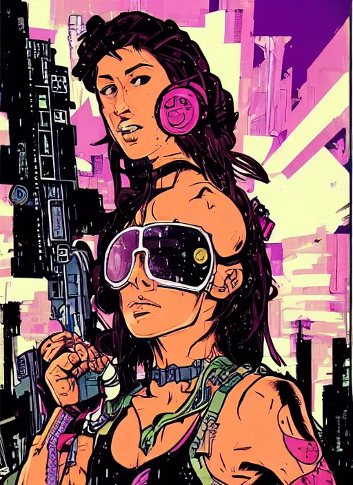 Image similar to maria. buff cyberpunk mercenary. portrait illustration, pop art, splash painting, art by ashley wood, alphonse mucha, laurie greasley and josan gonzales