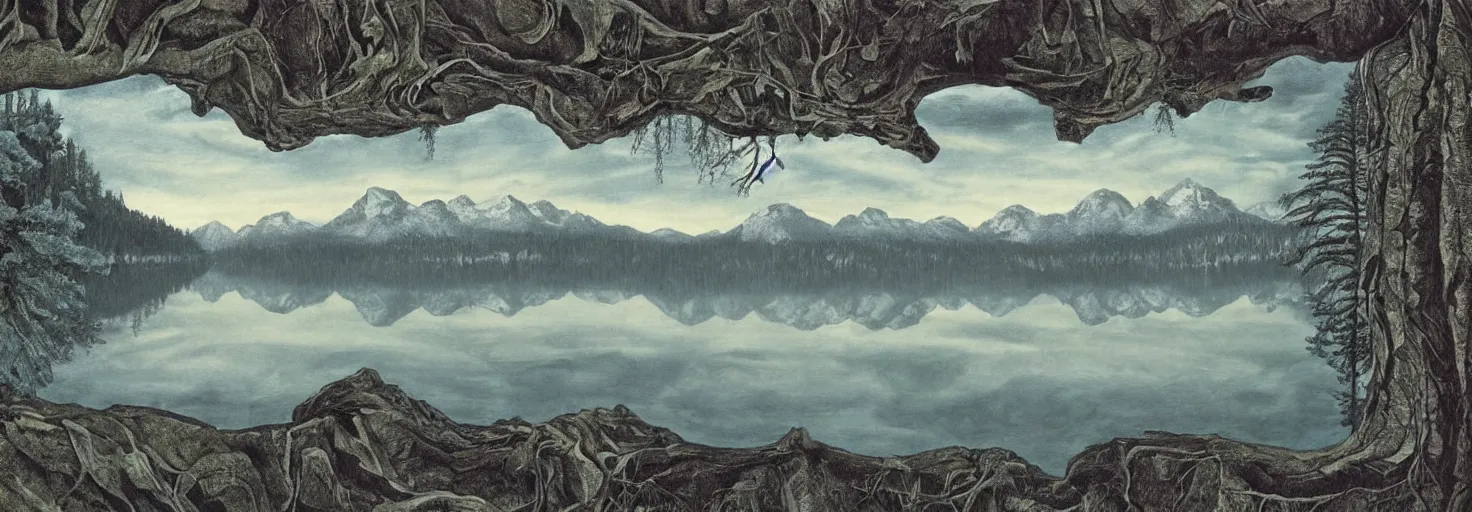 Image similar to escher painting of a lake, big trees reflecting on lake surface, mountains at background, snowy, ultra sharp, ultra detailed, horror emotion, colorized by salvador