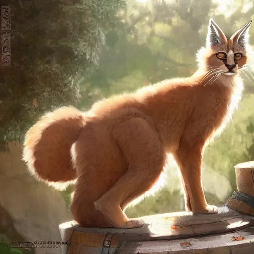 Image similar to a digital art of cute fluffy caracal near a wooden barrel lying at the side, at after noon, ancient greek city, by krenz cushart and mucha and akihito yoshida and greg rutkowski and makoto shinkai, long shot, back lighting, detailed eyes, 4 k resolution, trending on art station