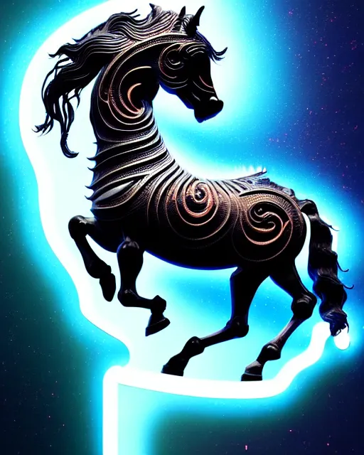 Prompt: 3 d ornate carved dark cosmic horse with profile portrait, sigma 5 0 0 mm f / 5. beautiful intricate highly detailed mongolian horse. bioluminescent, plasma, lava, ice, water, wind, creature, thunderstorm! artwork by tooth wu and wlop and beeple and greg rutkowski, 8 k trending on artstation