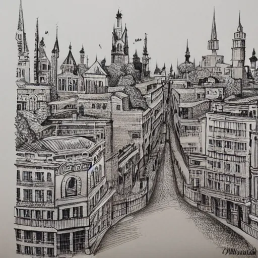 Prompt: a beautiful detailed ink and watercolor drawing of a Victorian cityscape