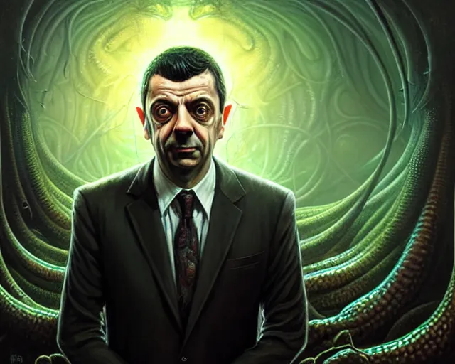 Image similar to lovecraft biopunk portrait of rowan sebastian atkinson, fractal background, cthulhu behind him, by tomasz alen kopera and peter mohrbacher