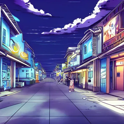 Image similar to key anime visual of a costal florida town at midnight, city streets vacant, very dark outside, black sky, modern anime style, official anime still